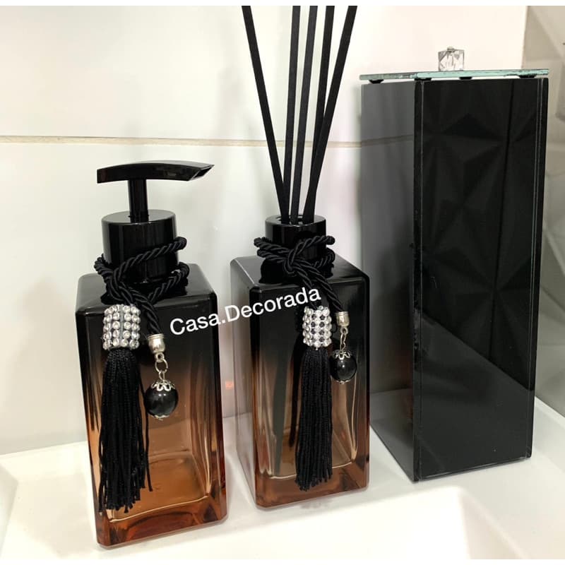 Kit Lavado Completo Rose Preto Difusor de Ambiente Porta Sabonete Líquido Porta escova espelhado