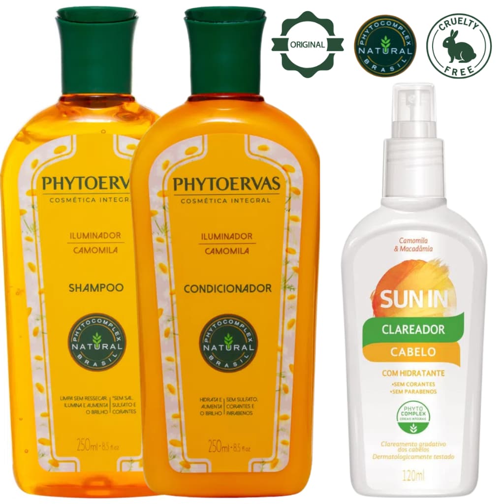 Iluminador Phytoervas Shampoo 250ml + Condicionador 250ml Camomila + Sun in Clareador Cabelo 120ml