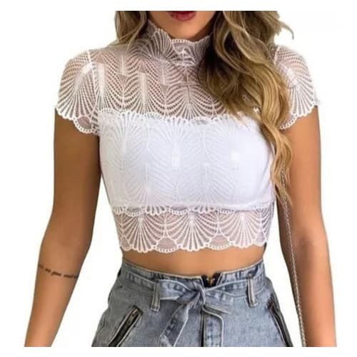 Cropped  Feminino gola alta renda