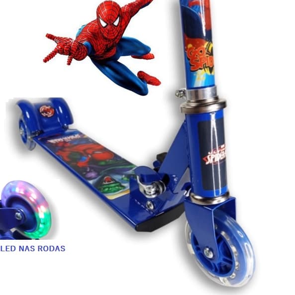 Patinete Azul Infantil Sonic Homem Aranha Frozen de Ferro Com Led Nas 3 Rodas Buzina 3 a 6 Anos