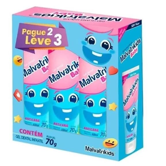 Kit Gel Dental Infantil Malvatrikids Baby Anticárie Tutti-Frutti com 3 Unidades