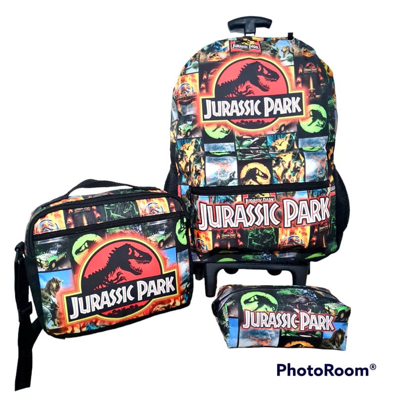 Mochila Jurassic Park De Rodinha Infantil Escolar + Lancheira + Estojo