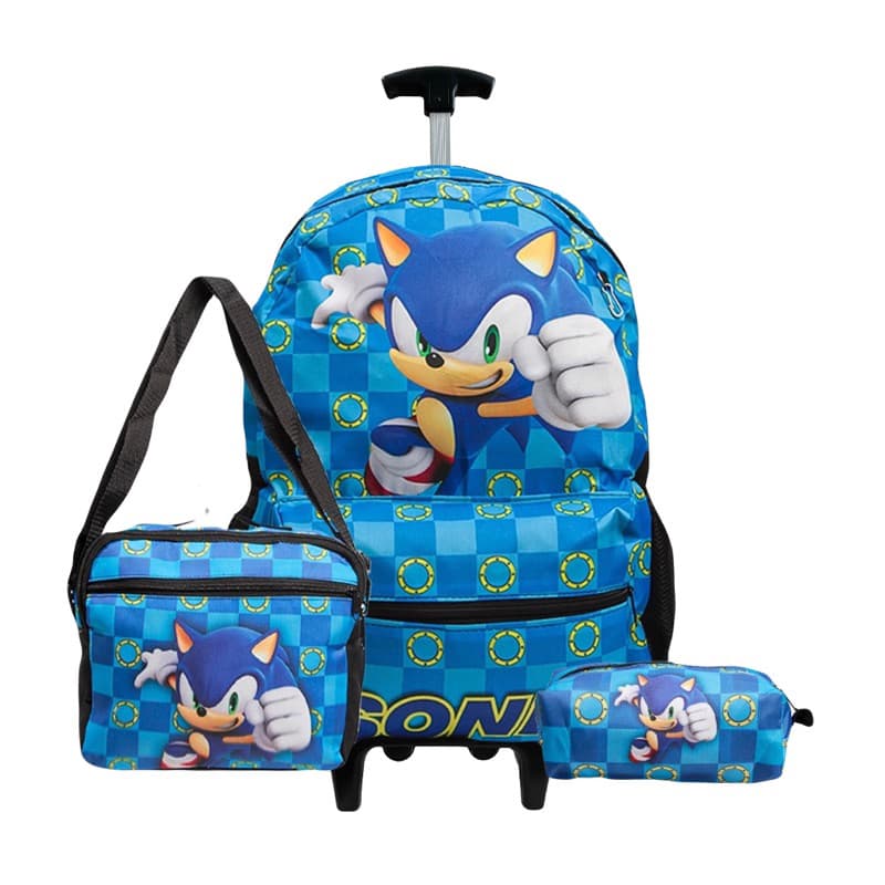 Mochila SONIC SEGA De Rodinha Grande + Lancheira + Estojo