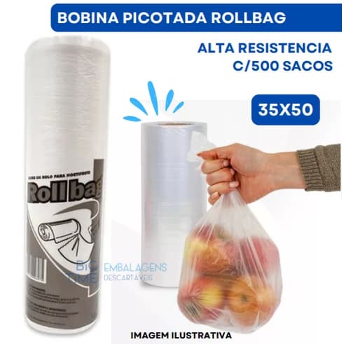 Bobina Picotada Rollbag 35x50 c/500 Sacos - Alta Resistência