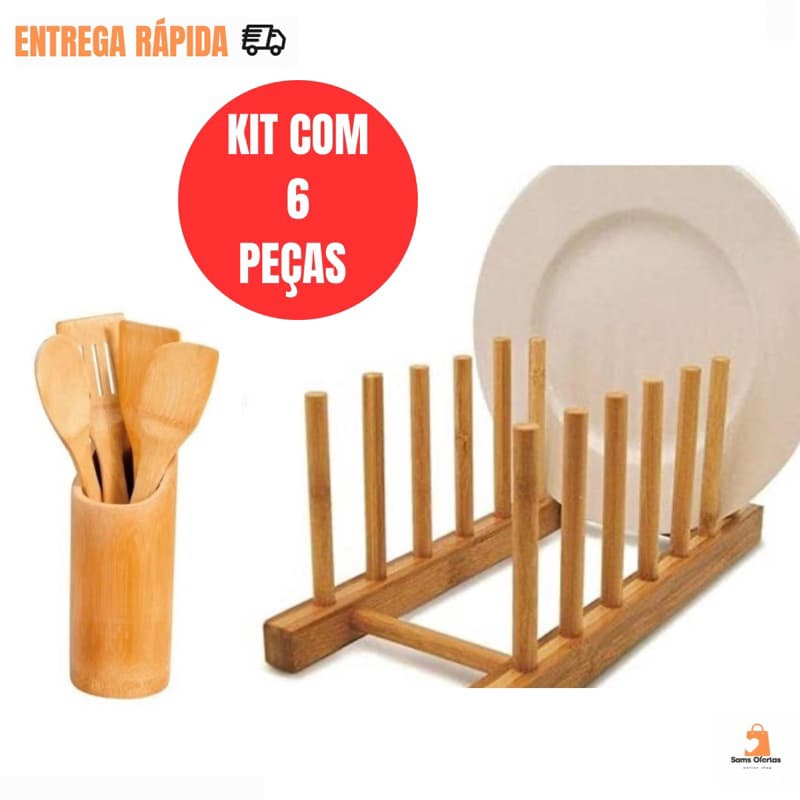 Kit Bambu com Escorredor de Pratos Escorredor de Louça Espátulas Colher de Pau Colher de Madeira