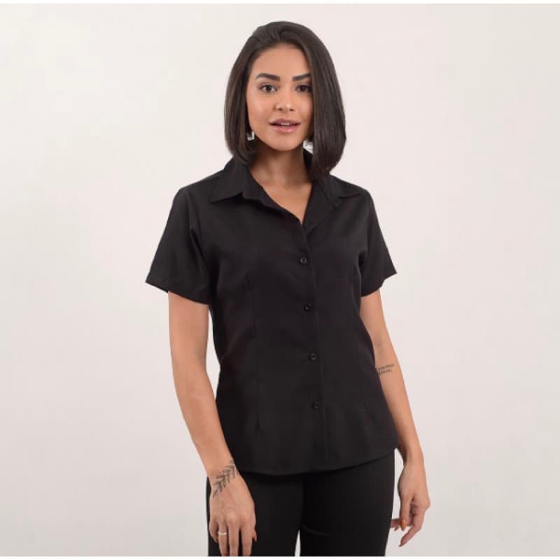 camisete camisa social feminina manga curta gabardine passa fácil direto da fábrica .