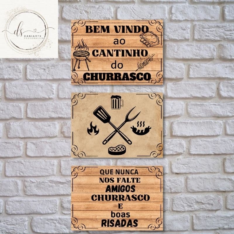 Kit 3 quadros decorativos cantinho do churrasco mdf 20X28