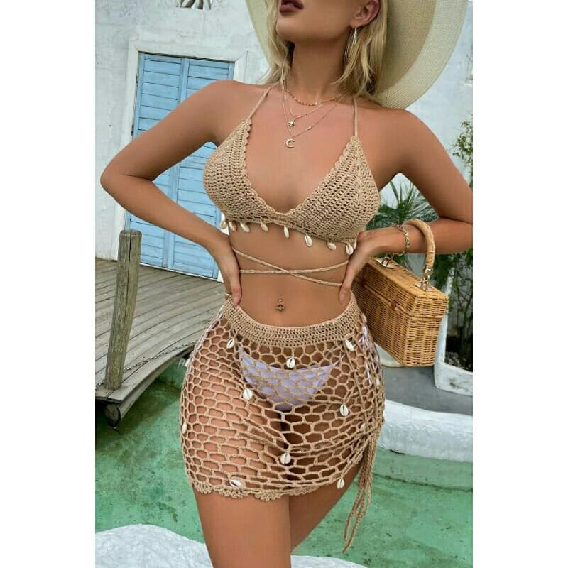 conjunto saida de praia em croche com búzios tendência moda praia