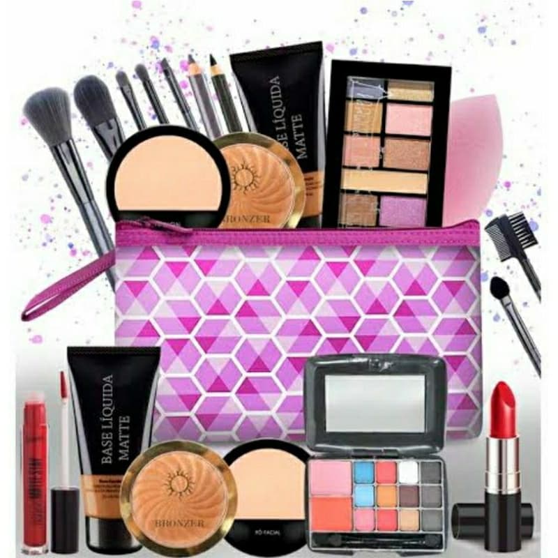 Kit de Maquiagem com Necessaire e Paleta de Sombras 7 itens Gloss Perfume