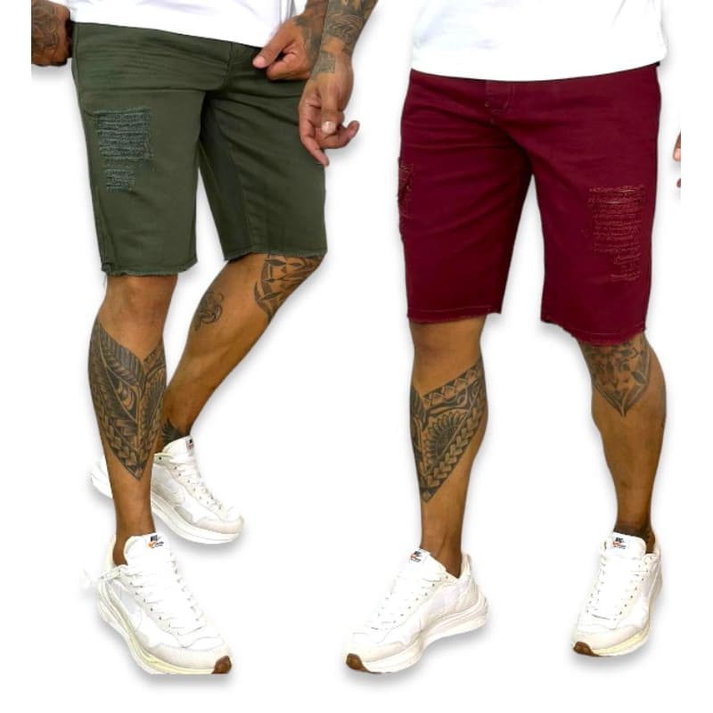 kit 2 bermudas masculinas verde e vermelho destroyed skinny 100% algodão promoção