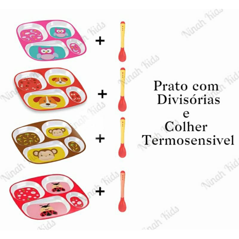 Prato Infantil com Divisórias com Colher Termosensivel de Silicone Introdução Alimentar