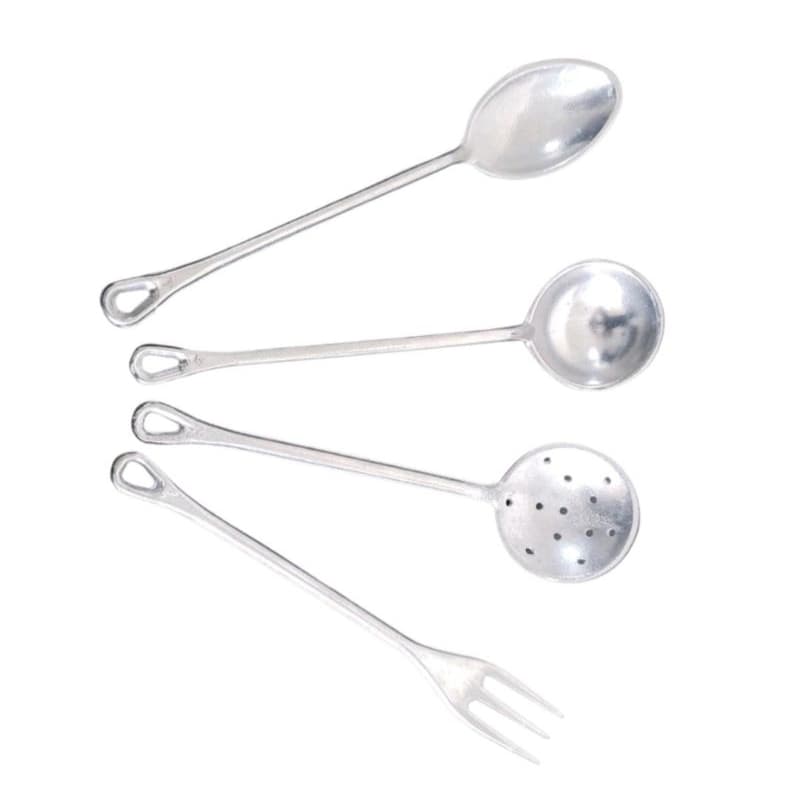 kit 4 talheres de alumínio batido fundido escumadeira,conha, colher e garfo