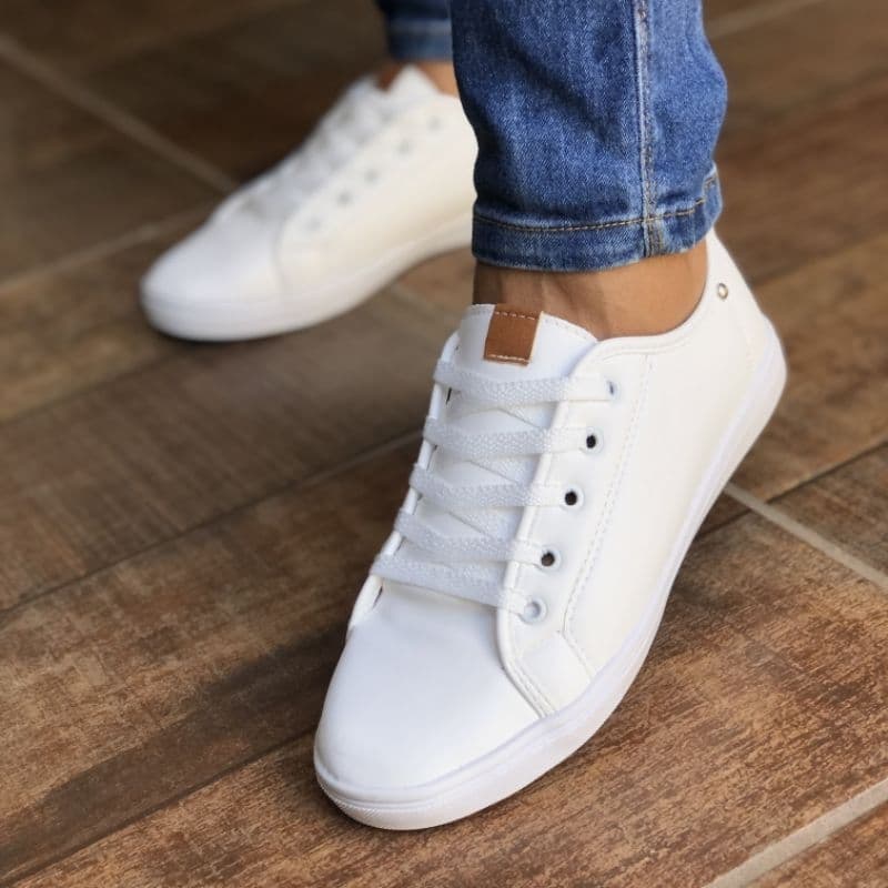 Tenis Feminino Casual Branco Sapatenis Couro ecológico Promoção Lançamento