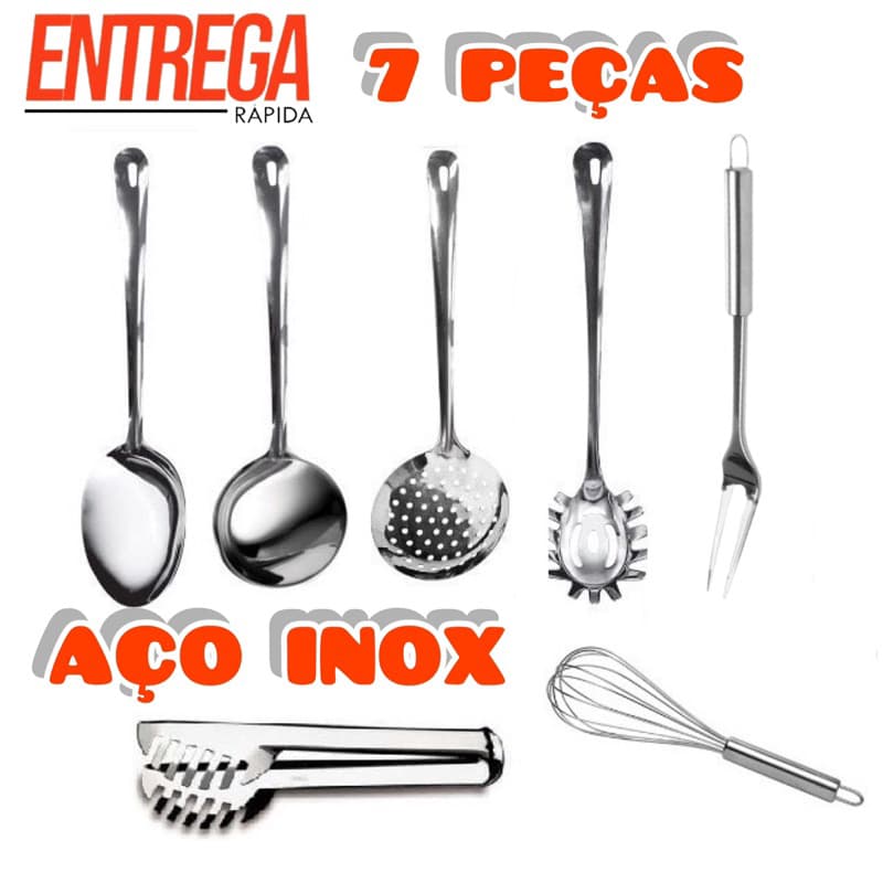 Kit 7 Pecas Utensílios de Inox Para Cozinha Pegador Concha Garfo Escumadeira Colher
