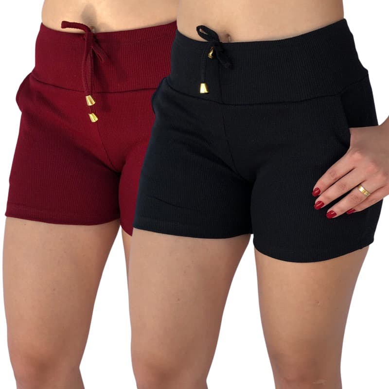 kit 2 Short feminino malha canelada cintura alta bermuda feminina