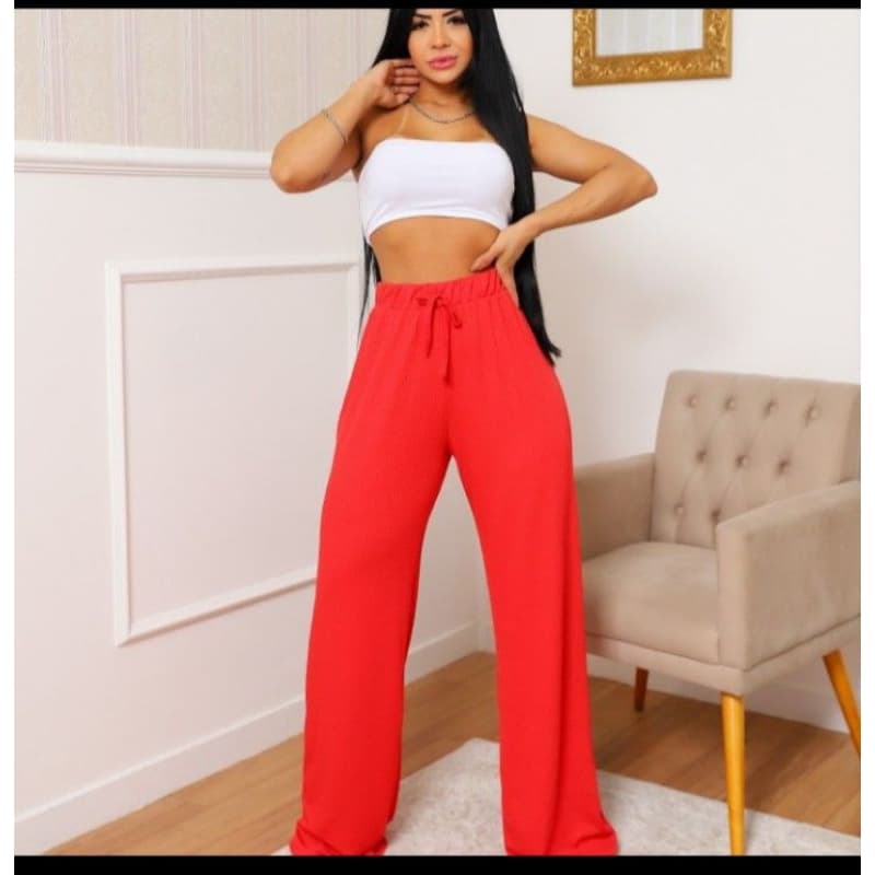 Calça Pantalona Tecido Canelado Moda Blogueira <Moda Tik tok Com Elastico Na Cintura