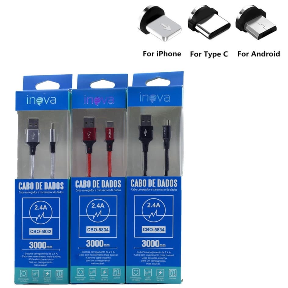 Cabo Usb Tipo C, V8 OU Lightning Cabo 3 METROS Cabo Carregador Turbo Cabo Inova Turbo