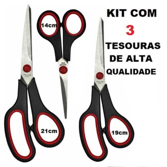 Kit Com 3 Tesouras Diferentes Tamanhos Multiuso Doméstico Aço Inoxidável Multifunções Costura Para Cabelo Papel Plástico Borracha Eva  costureiro e Utilidades Cozinha