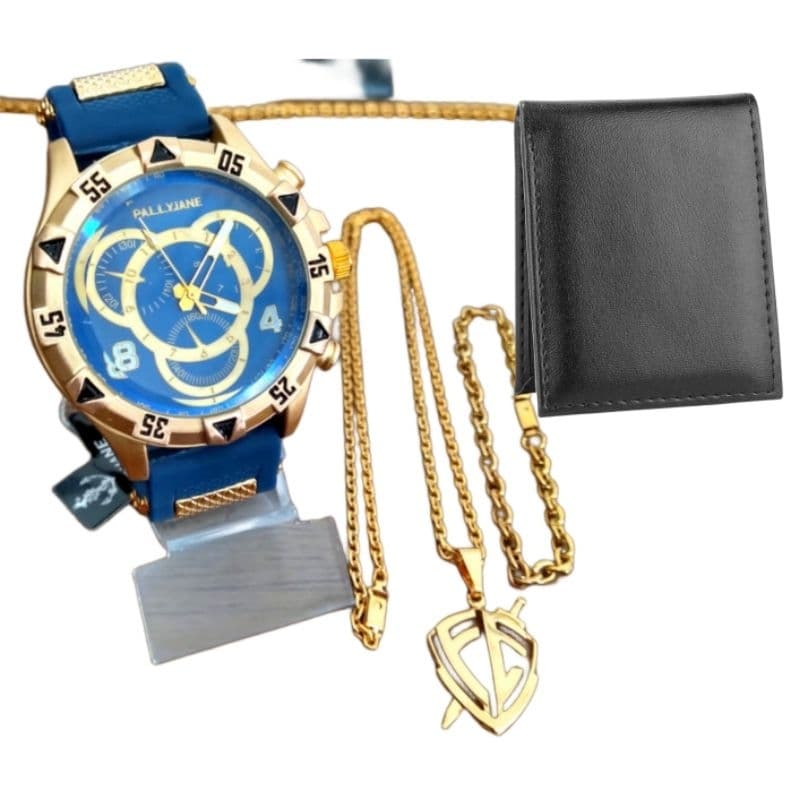 Kit Masculino Presente Relógio masculino luxo Prova dágua + Carteira+ corrente Fé pingente dourado Caje modas