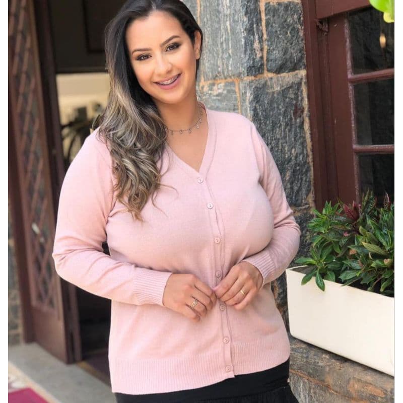 casaco de tricôt plus size feminina inverno com fechamento em botão manga longa 0327