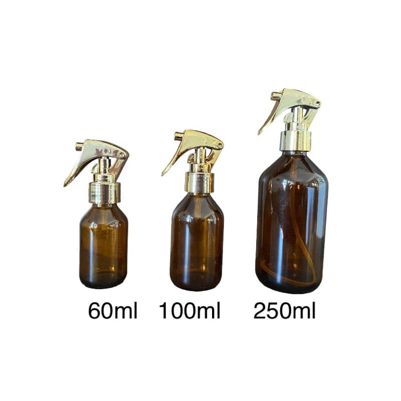 01 frasco vidro âmbar com válvula mini gatilho luxo - prata ou dourada e volume 60, 100 ou 250ml