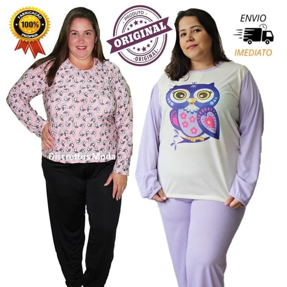 Conjunto Pijama Liganete / Malha Longo Plus Size Frio Inverno Dormir Blusa Estampada Calça Lisa 50- 52- 54 Feminino