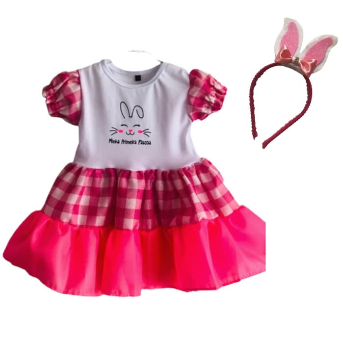 Vestido Minha Primeira Páscoa-Coelhinha Rosa Mesversário - Fantasia Festa - Bebê