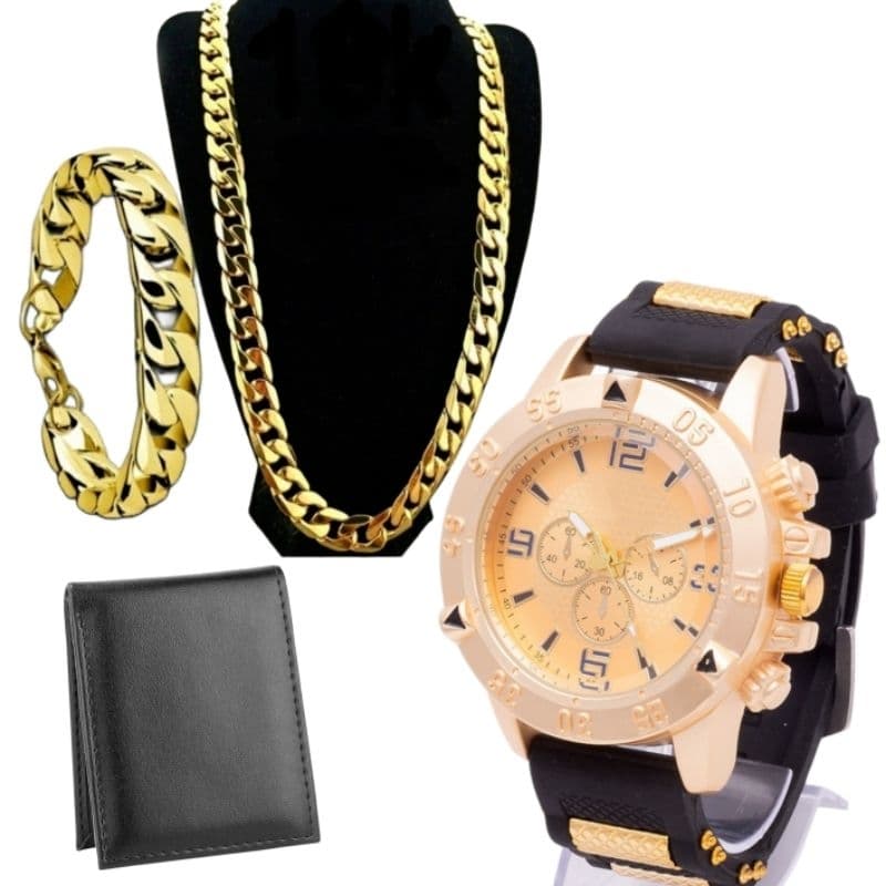 Relogio Masculino luxo Prova dágua + Carteira de couro + Pulseira e corrente dourada .2023 Só Hoje