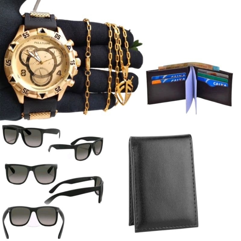 Kit Masculino presente de Luxo Relógio luxo prova dágua + Óculos + carteira + Corrente FÉ ou Cruz Caje modas