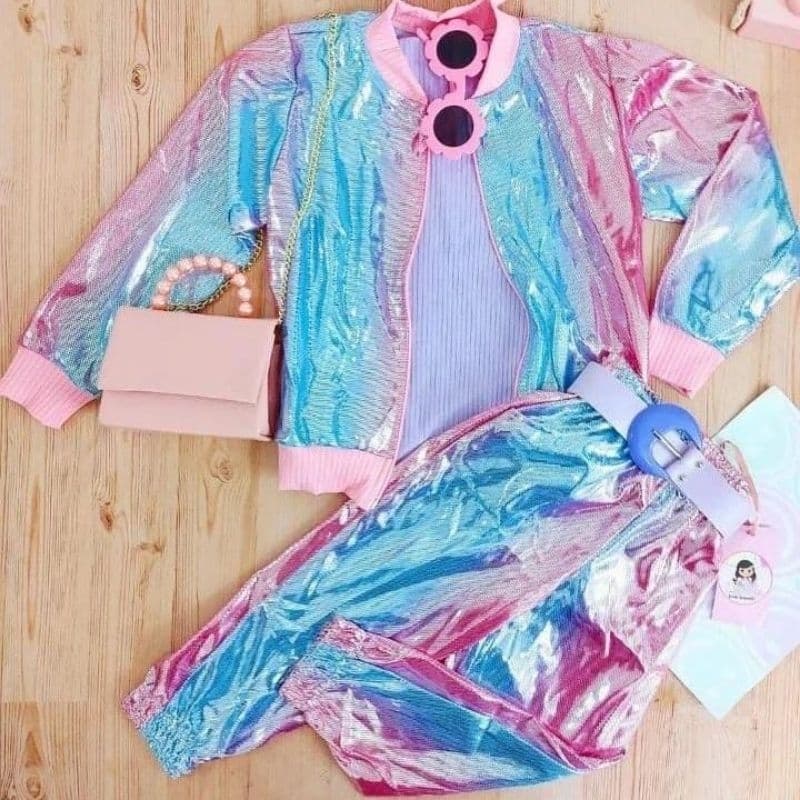 Conjunto Holográfico Moda Infantil Menina Blogueirinha