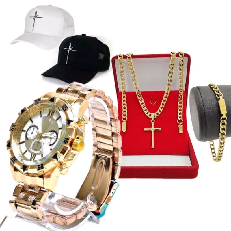 Kit Masculino Presente Relogio Masculino Dourado + Boné + Corrente Cruz 18k e pulseira .2023 Só Hoje