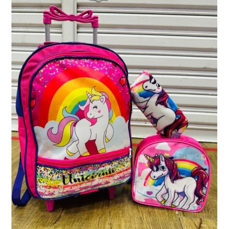KIT MOCHILA INFANTIL DO PERSONAGEM UNICÓRNIO+ ESTOJO+ LANCHEIRA RODINHA