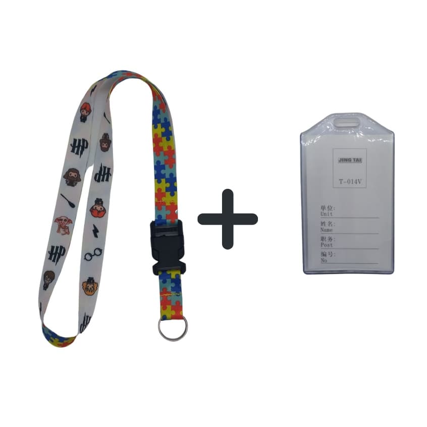 Kit Chaveiro Cordão Moto Pescoço Fecho Engate Rápido Autismo Autista Dupla Face Quebra cabeça Vermelho+Porta Cartão maleável