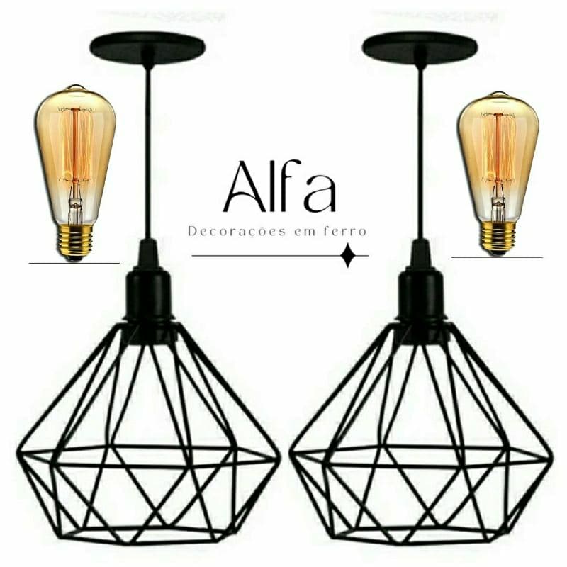 Kit 2 Pendente Diamante Aramado Preto + 2 Lâmpadas St64 110