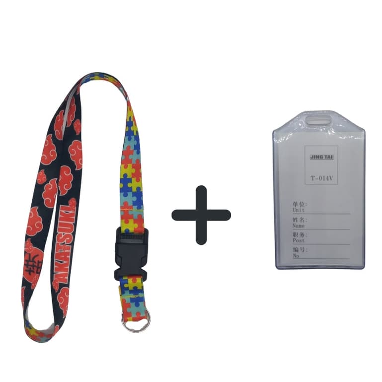 Kit Chaveiro Cordão Moto Pescoço Fecho Engate Rápido Autismo Autista Dupla Face Quebra cabeça Vermelho + Porta Cartão Maleável
