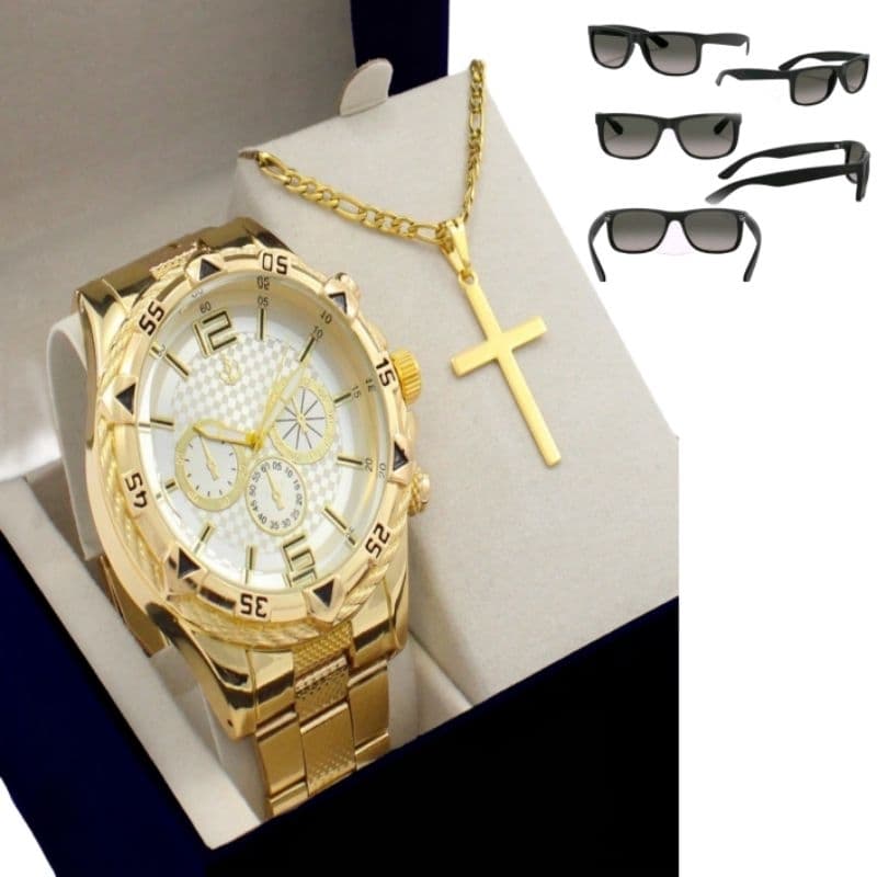 Kir Presente Masculino Relogio Luxo Dourado + Corrente cruz + Oculos premium Caje modas