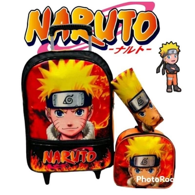 Kit Mochila escolar infantil de Carrinho do Personagem Naruto menino