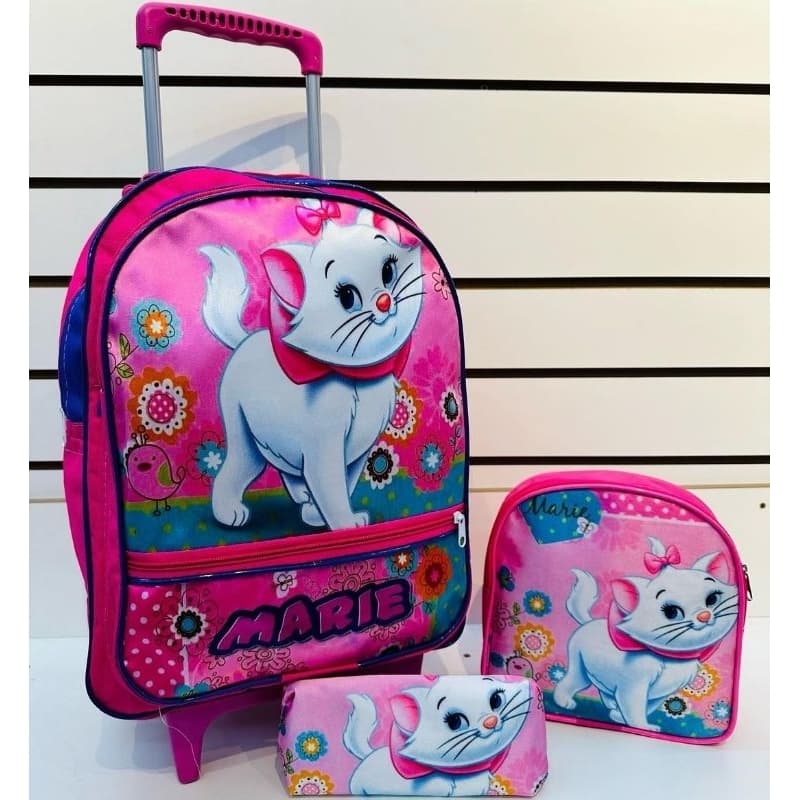 KIT ESCOLAR INFANTIL MOCHILA CARRINHO + LANCHEIRA+ESTOJO PERSONAGEM GATA MARIE MARY