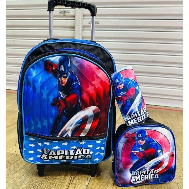 Kit Mochila IINFANTIL escolar de rodinhas do Capitão América menino + estojo + lancheira