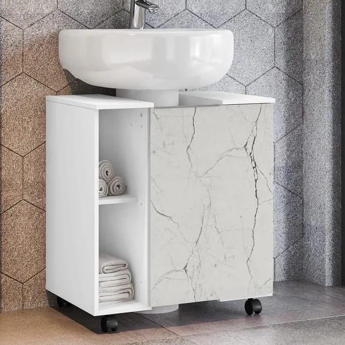 Gabinete para Banheiro Pequin Branco Marmorizado - Móveis Bechara
