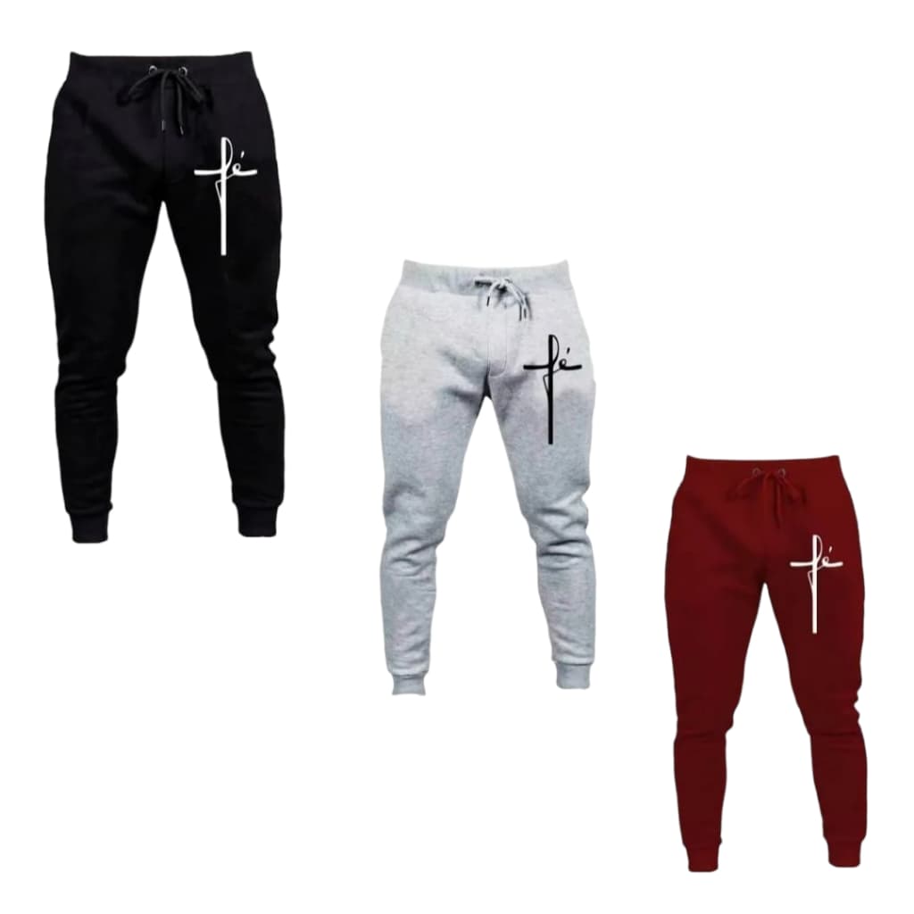 Kit 3 Calças Moletom Flanelado Fé Religião Masculino Short Academia