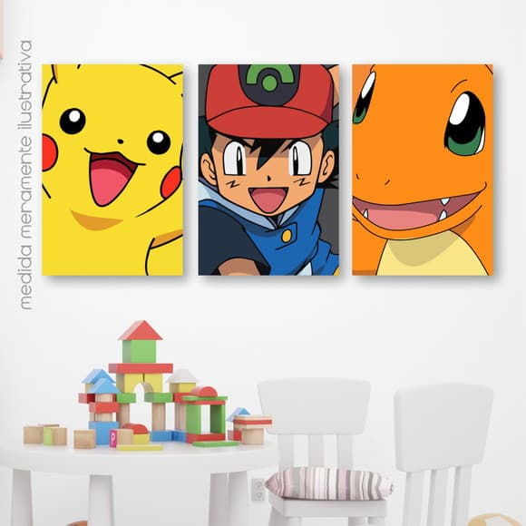 Kit Quadros Decorativo Mosaico 90x50 3 peças MDF Infantil Pokemon Pikachu Desenho Sala Quarto