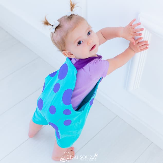 Jardineira Fantasia Sullivan para bebê. Roupa tematica do Sullivan Monstros SA. 100% algodao