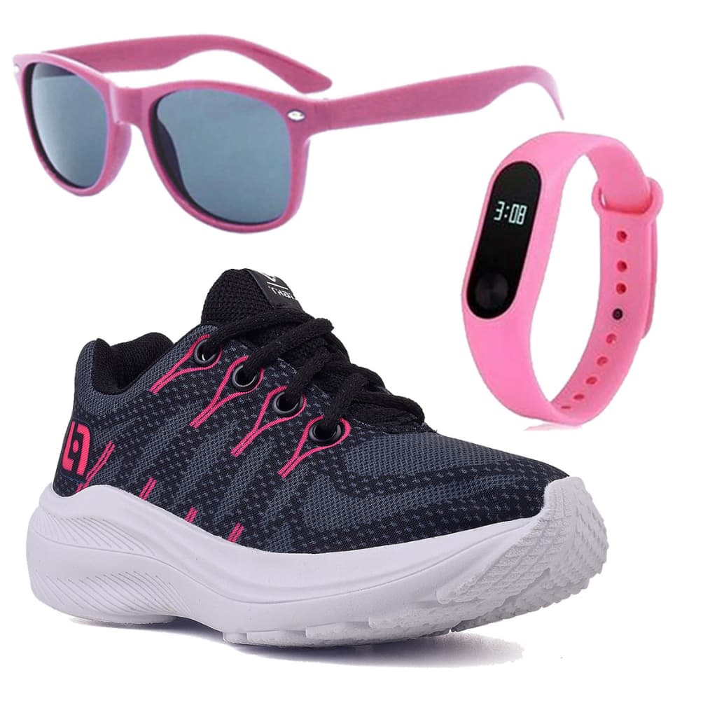 Tenis Infantil Meninas Casual Preto e Pink Feminino + Óculos e Relógio Linkito
