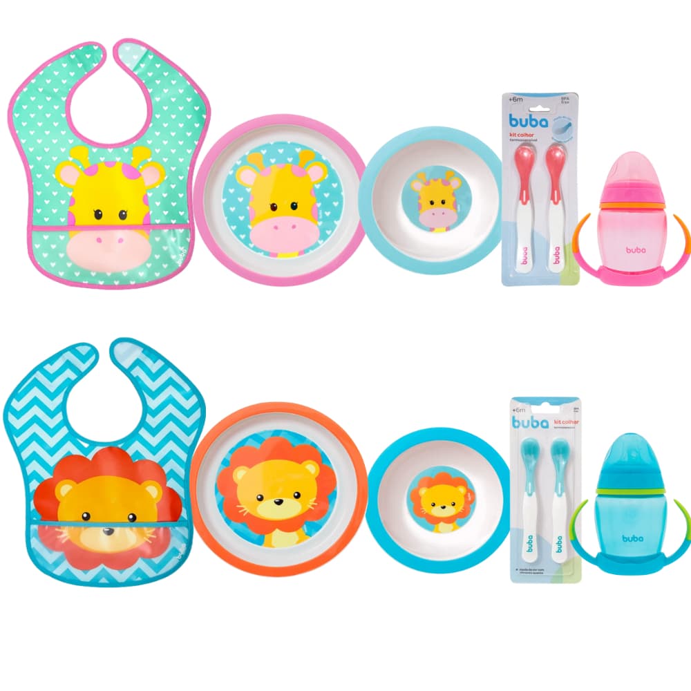 Kit Introdução Alimentar Buba Prato Raso Prato Fundo Babador Impermeável Colher Copo de Treinamento