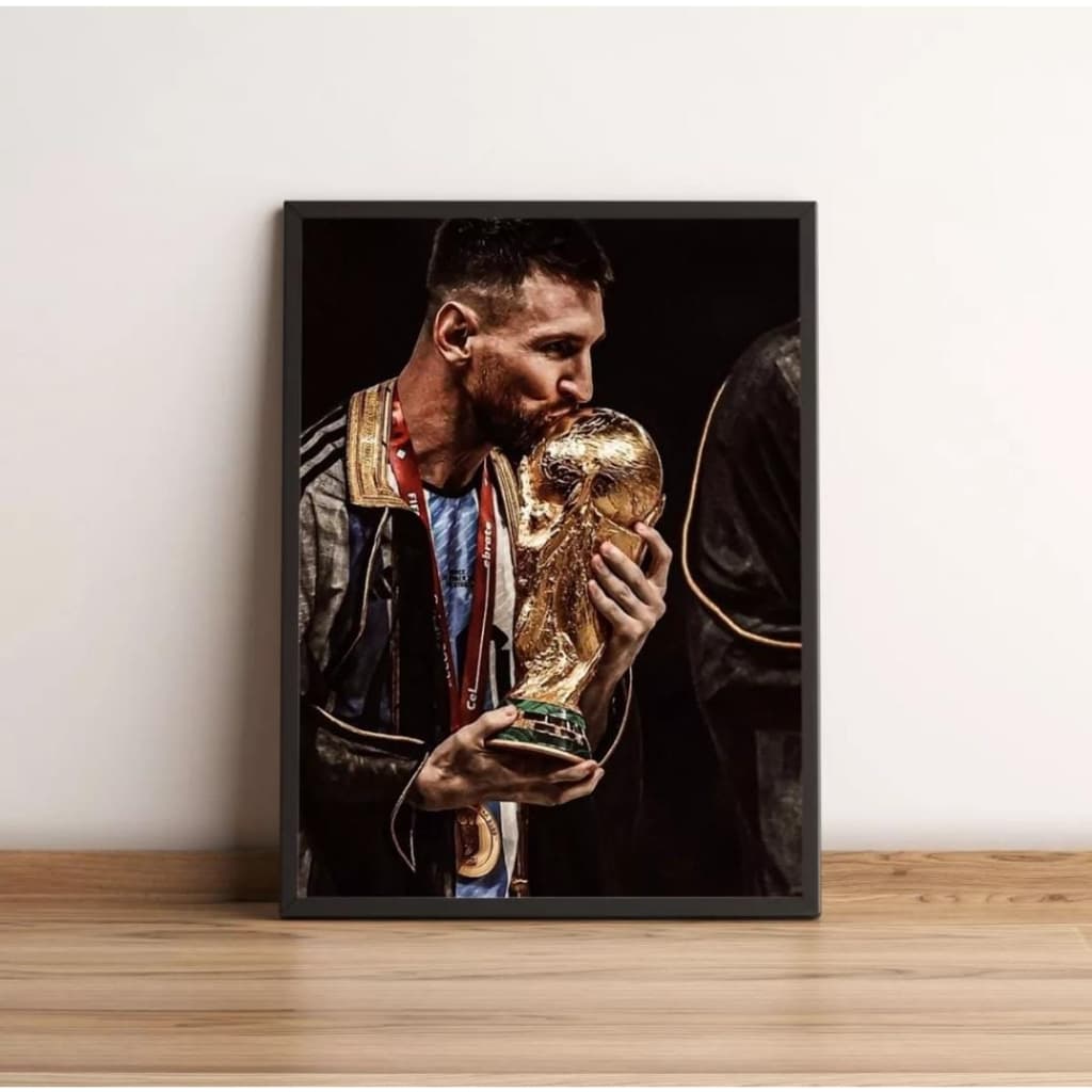 quadro decorativo messi copa do mundo beijando taça