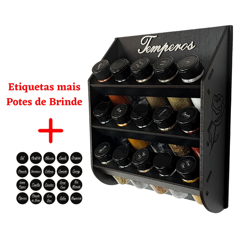 Porta Condimentos de Parede Cozinha com 15 Potes com Tampa mais Cartela com 20 Etiquetas