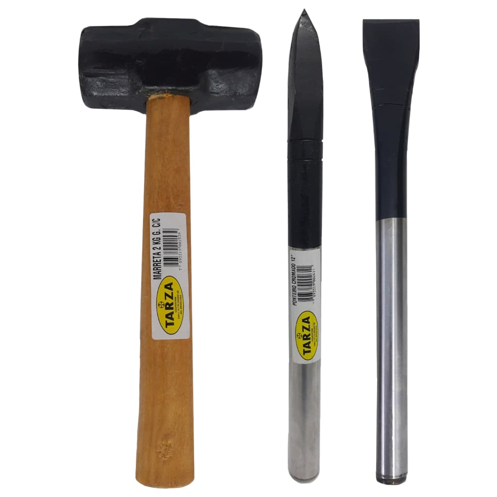 Marreta 2kg + Talhadeira Cromada 12" + Ponteiro Cromado 12" Aço Forjada TARZA