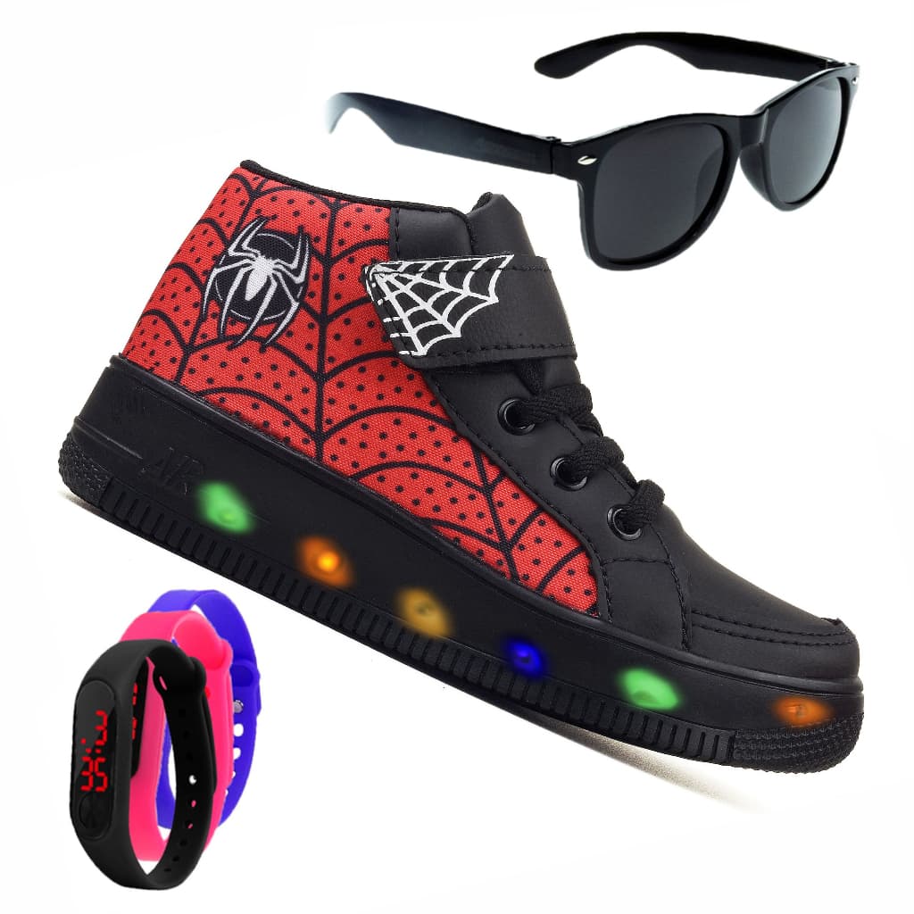 Kit Botinha Masculino Infantil  De Led  Aranha Preto Vermelho Velcro + Óculos e Relógio