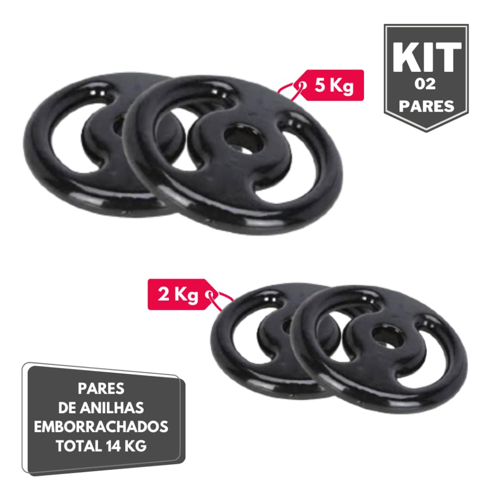 Kit Par Halter Anilha Emborrachado 2 e 5 Kg - Total 14 Kg